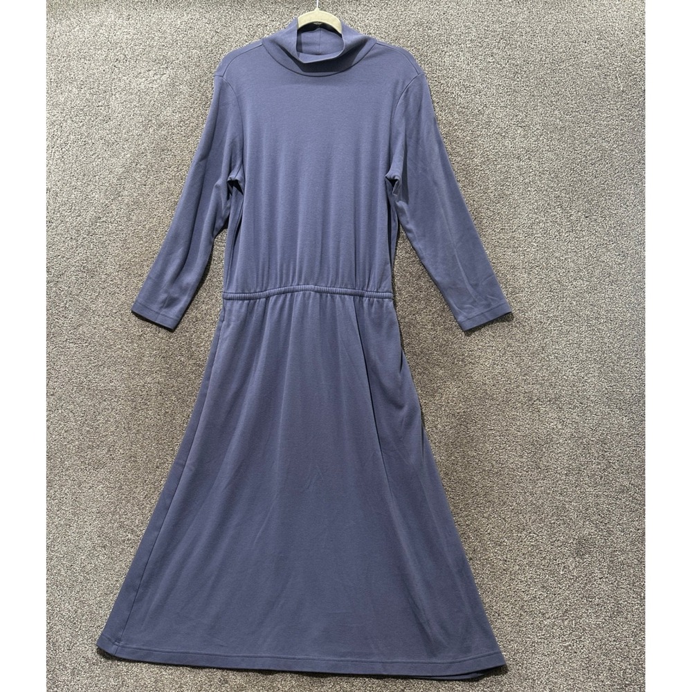 LL Bean Maxi Dress Women Cotton Mock Neck Large Petite Pockets Modest Minimalist